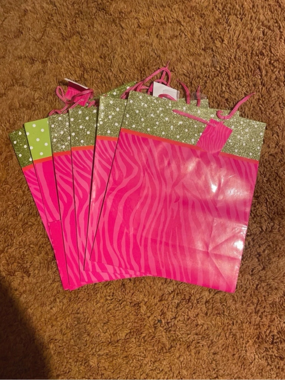 Animal Pink Zebra Print Gift Bags with Green Glitter Trim